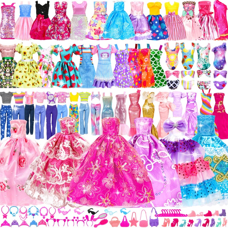 Bymore 138 Pcs Doll Clothes and Accessories, 5 Wedding Gowns 9 Fashion Dresses 3 Tops 3 Pants 3 Bikini Swimsuits 20 Shoes for 11.5 inch Doll Christmas Stocking Stuffers Girls Gift Age 5-7 8-10 - Image 1